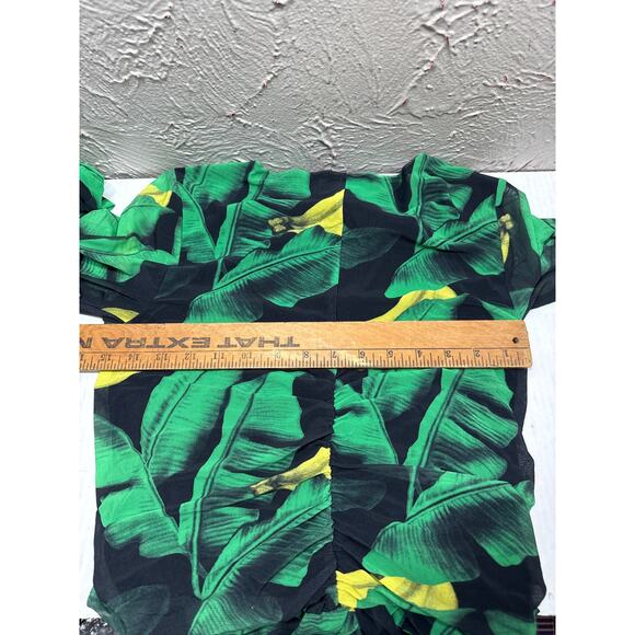 GANNI Ruched Tropical Print Green Black Yellow Stretch-Mesh Midi Dress Size 6 - Picture 5 of 6